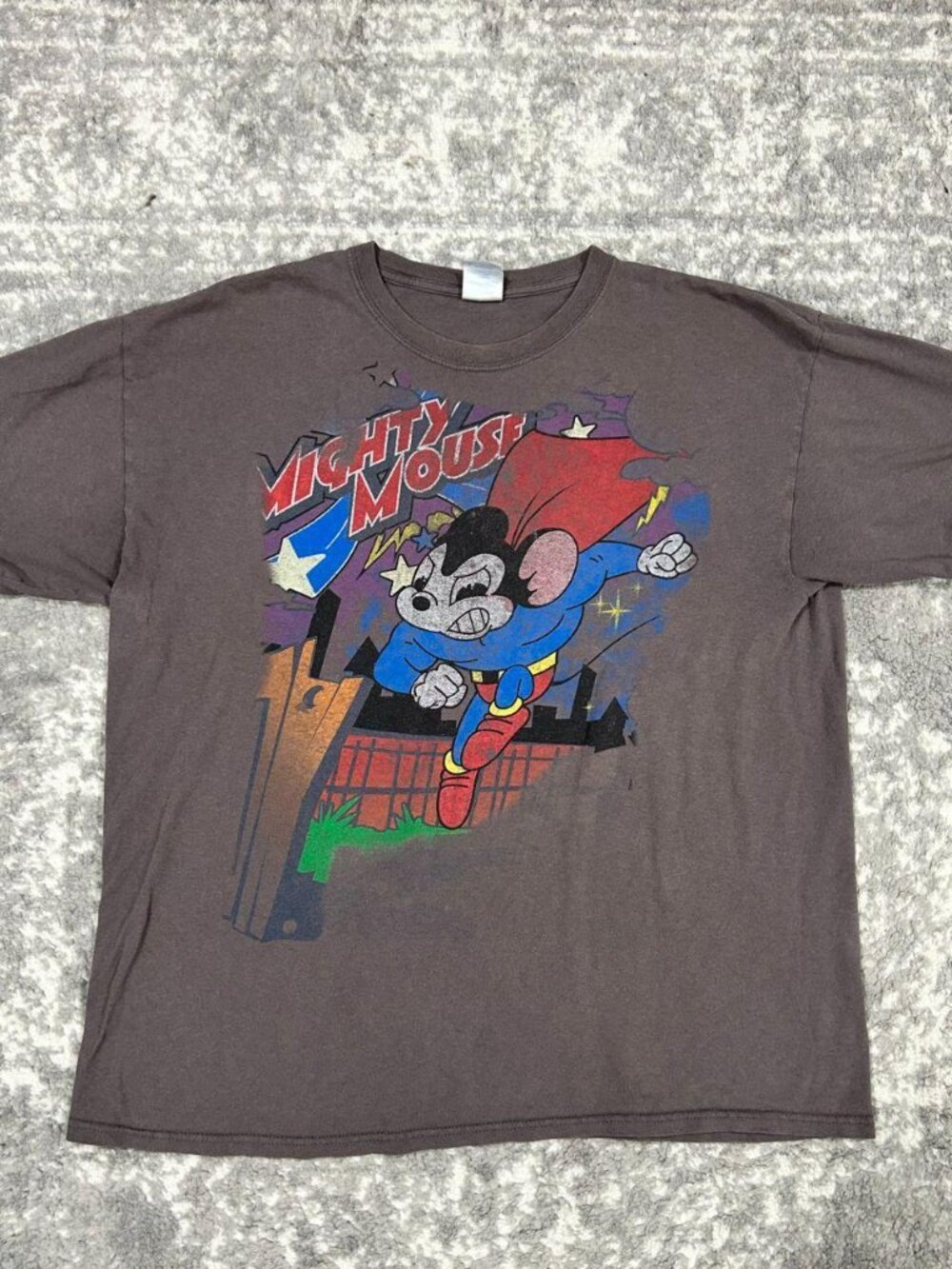Mighty Mouse Superhero Graphic T-Shirt Brown Vintage Style